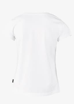 A white women's T-shirt featuring a simple design and a logo on the side.