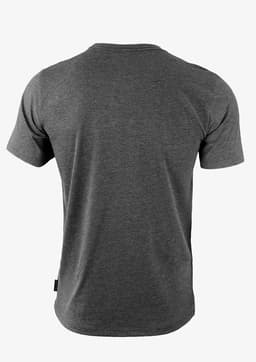 A grey t-shirt featuring a clean back design and a small logo tag at the hem. Suitable for casual wear.