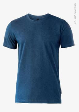 A blue organic cotton T-shirt featuring a crew neckline and short sleeves, with a brand logo.