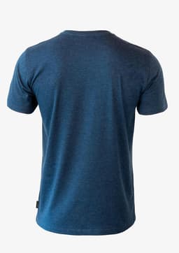 A blue men's T-shirt with a standard crew neck and short sleeves, featuring a logo on the side.