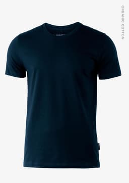 A dark navy blue men's T-shirt made of organic cotton, featuring a logo on the side.