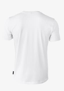 A plain white men’s T-shirt featuring a crew neck and short sleeves, with branding on the side.