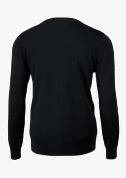 A black cardigan with long sleeves, featuring a simple design. The back view displays a smooth texture.