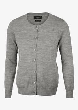 A grey cardigan featuring a round neckline and button closure, with a logo at the neck.