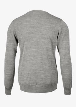 A grey knit cardigan with long sleeves and a round neckline, featuring a simple design on the back.