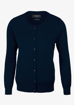 A navy blue cardigan featuring a button-up front and long sleeves, with a logo on the label.