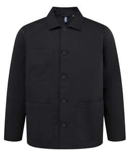 A black chore jacket with a collar, front buttons, and pockets, featuring a logo on the inside.