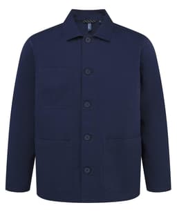 A navy blue chore jacket with a collared neckline, button front, and two front pockets. It features a logo.