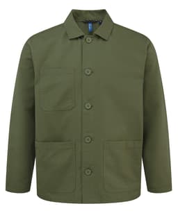 An olive green chore jacket featuring a button-up front and two large front pockets. It has a logo on the label.
