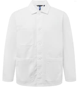 A white chore jacket featuring a button-up front, long sleeves, and two front pockets. It has a branding logo.