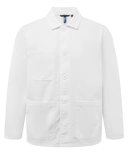 A white chore jacket featuring a button-up front and multiple pockets. It includes a logo on the label.