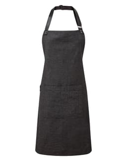 A black bib apron featuring a leather strap and a front pocket, designed for workwear use.