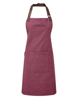 A burgundy bib apron featuring a brown neck strap and adjustable ties, with a front pocket and branding.