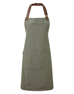 A green bib apron with brown straps and a front pocket, featuring a small logo. Ideal for workwear use.