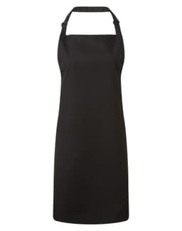 A black bib apron with a neck loop and waist ties, featuring a branding logo.