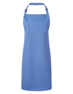 A blue bib apron with a neck strap and an adjustable design. It features a branding logo.