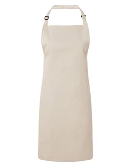 A beige bib apron with adjustable neck straps and a plain design. It features a logo on the front.