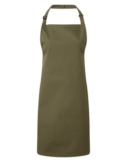 A khaki bib apron with an adjustable neck strap and a plain design, featuring a logo. Suitable for chefwear uniforms.