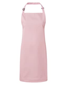 A pink bib apron featuring a neck strap, suitable for chefwear, with a simple design and a logo.
