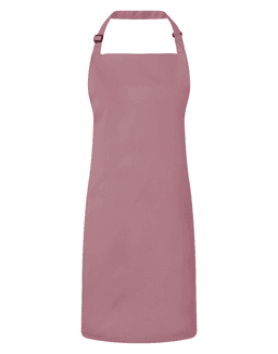 A pink bib apron with an adjustable neck strap, featuring a logo on the front. Suitable for chefwear.