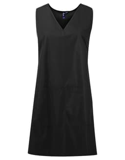 A black waterproof wrap-around tunic with a V-neck design and no sleeves, featuring a logo on the front.