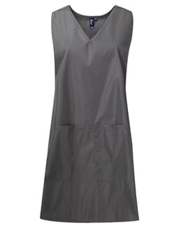 A grey waterproof wrap-around tunic with a V-neck design and front pockets. It features a branding logo.