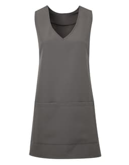 A grey wrap-around tunic featuring a V-neckline and two front pockets, with a simple logo on the fabric.