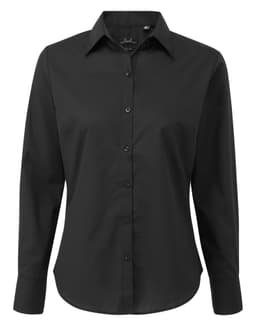 A black women's poplin long-sleeve blouse with a button-up front and a collar. It features a logo on the label.