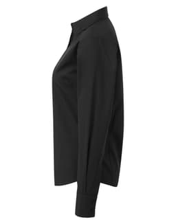 A women's black poplin long-sleeve blouse with a button-up design and a logo on the sleeve.
