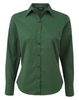 A green women's poplin long-sleeve blouse with a button-up front and collar. Features a branding logo.