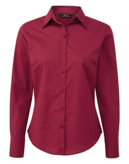 A burgundy long-sleeve button-up women's poplin blouse with a collared neckline and a logo.