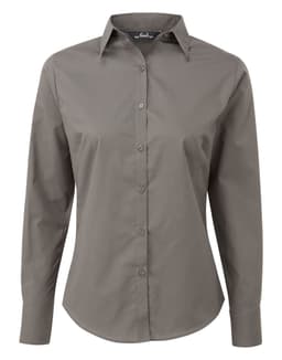 A women's button-up shirt in a muted grey colour with a classic collar and long sleeves. Features branding.