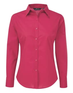 A pink women's poplin long-sleeve button-up blouse with a collar and a branded logo.