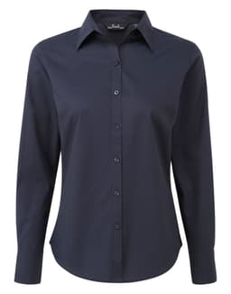 A women's long-sleeve button-up blouse in navy blue with a classic collar and buttons down the front.