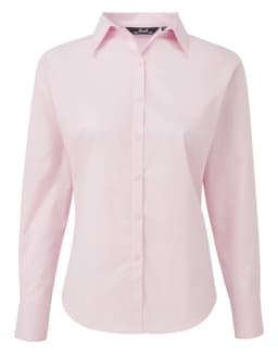 A pink women's poplin long-sleeve blouse with a button-up front and a collar. Features a logo.