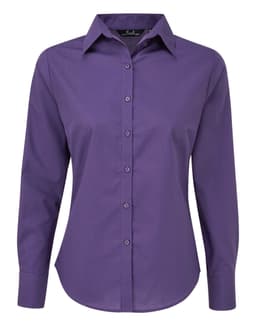 A purple women's poplin long sleeve blouse with a button-up front and collar. Features a logo on the label.