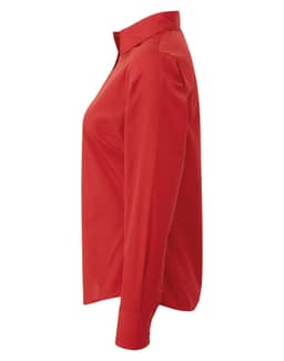 A red women's poplin long sleeve blouse with a button-up collar and sleeve cuffs, featuring a branding logo.