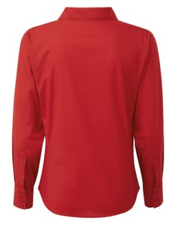A red women's poplin long-sleeve blouse with a button-up design, featuring a collar and buttoned cuffs.