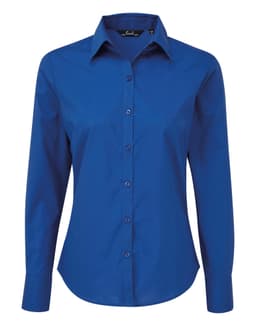 A blue long-sleeve button-up blouse for women, featuring a collared neckline and a logo.