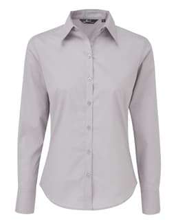 A light grey women's poplin long-sleeve blouse with a button-up front and a collar. It features a logo.