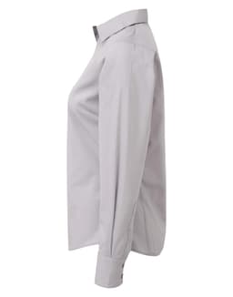 A grey women's poplin long-sleeve blouse shown from the side, featuring a classic button-up design and a collar.