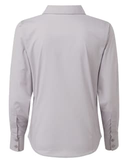A light grey women's poplin long-sleeve blouse with a button-up design and a collared neckline.