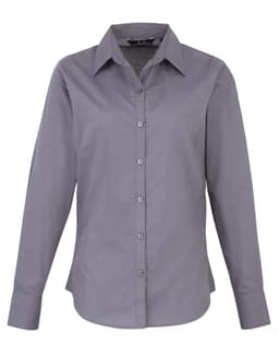 A grey women's poplin long-sleeve blouse with a button-up front and a collared neckline.