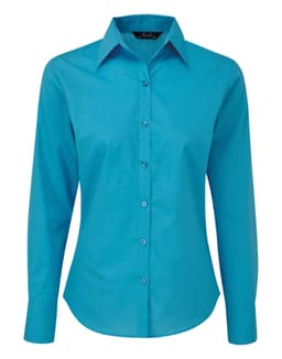 A women's long-sleeve button-up blouse in a bright turquoise colour. Features a classic collar and buttons down the front.
