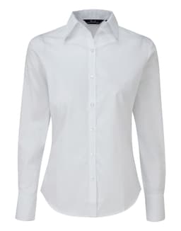 A white long-sleeve button-up blouse for women with a classic collar. It has a logo on the label.