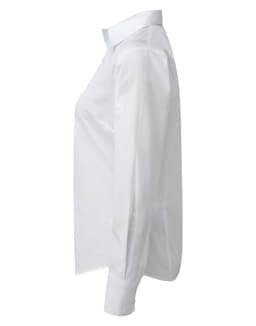 A white women's poplin long-sleeve blouse viewed from the side, featuring a collar and button-up design.