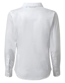 A white long-sleeve button-up blouse with a collar and buttoned cuffs, featuring a logo.