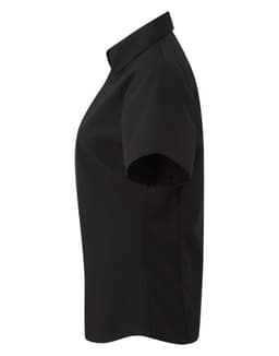 A black women's button-up blouse featuring a collared neckline and short sleeves, displayed from the side.