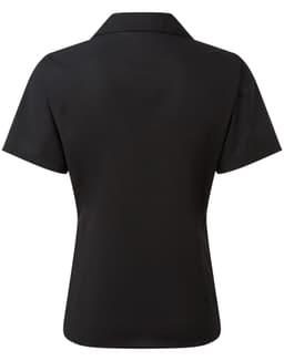 A black women's short-sleeve poplin blouse with a collar, featuring a sleek, tailored back design.