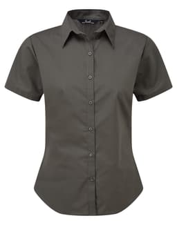 A short-sleeved, dark grey button-up blouse featuring a classic collar and a fitted silhouette. It has a logo.